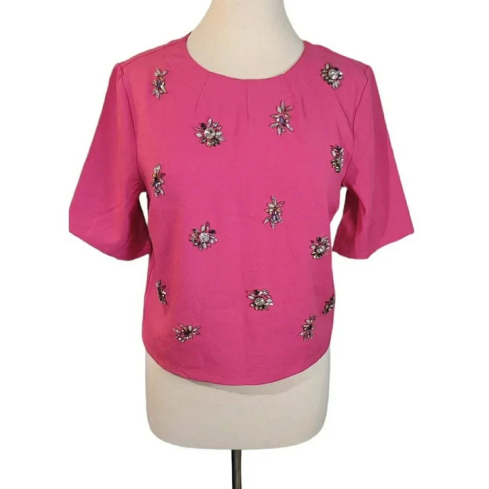 Harper Pink Short Sleeved Jewel Embellished Top Size M